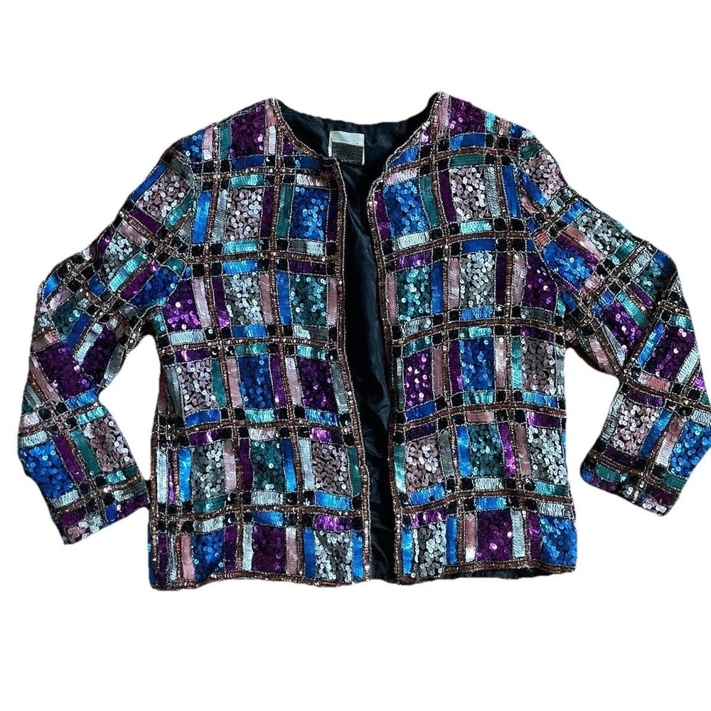 Vtg 80s Leslie Fay Full Sequin Beaded Jacket Small Geometric NYE Party Holiday